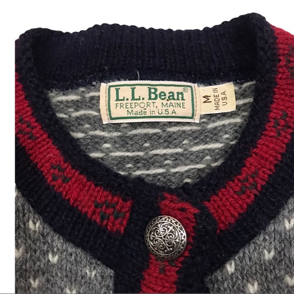 LL Bean Made In USA Vintage Wool Snowflake Button Cardigan Sweater Womens Medium - Picture 9 of 10